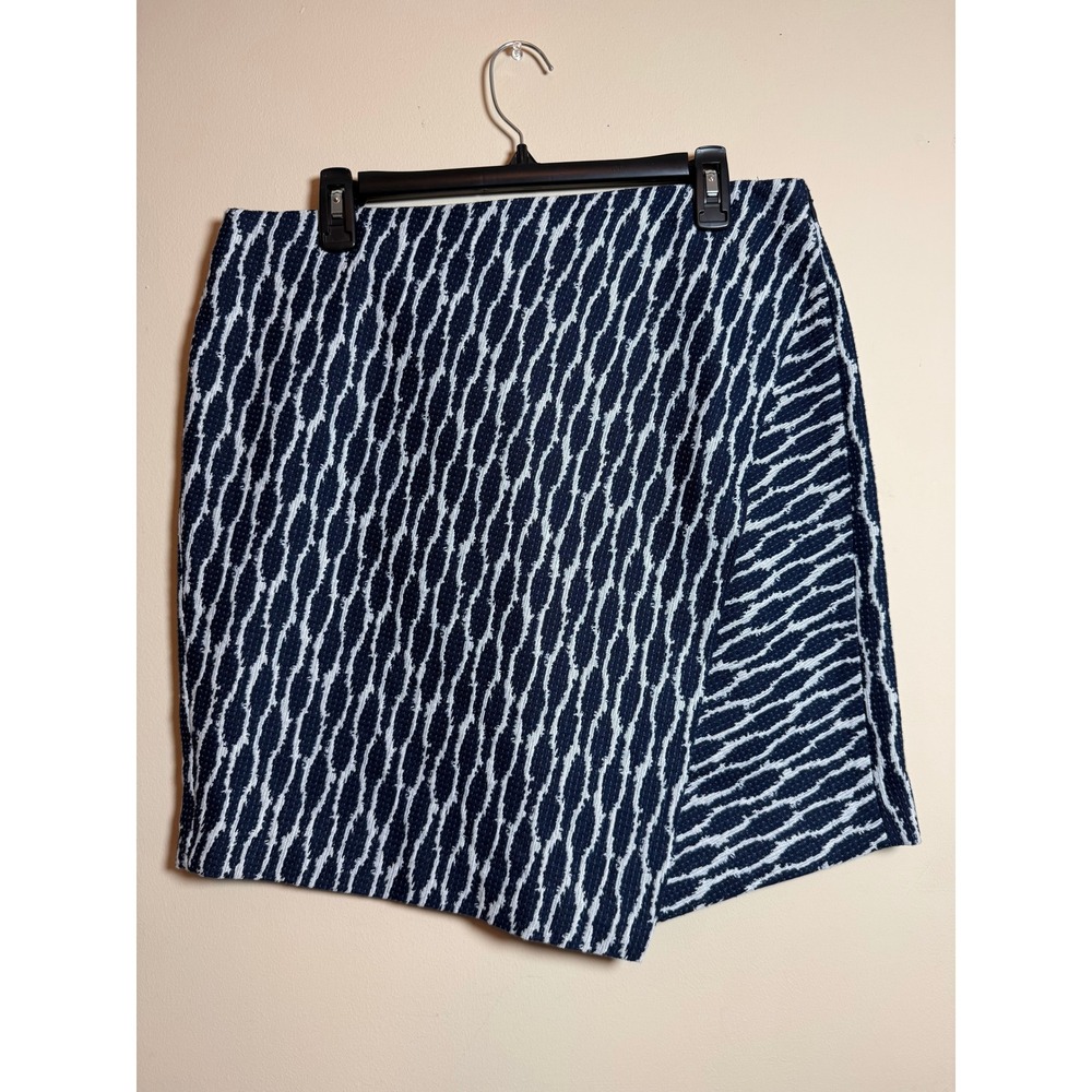 LOFT Navy Blue White Jacquard Ikat Faux Wrap Mini Skirt Size 12 Asymmetrical Hem